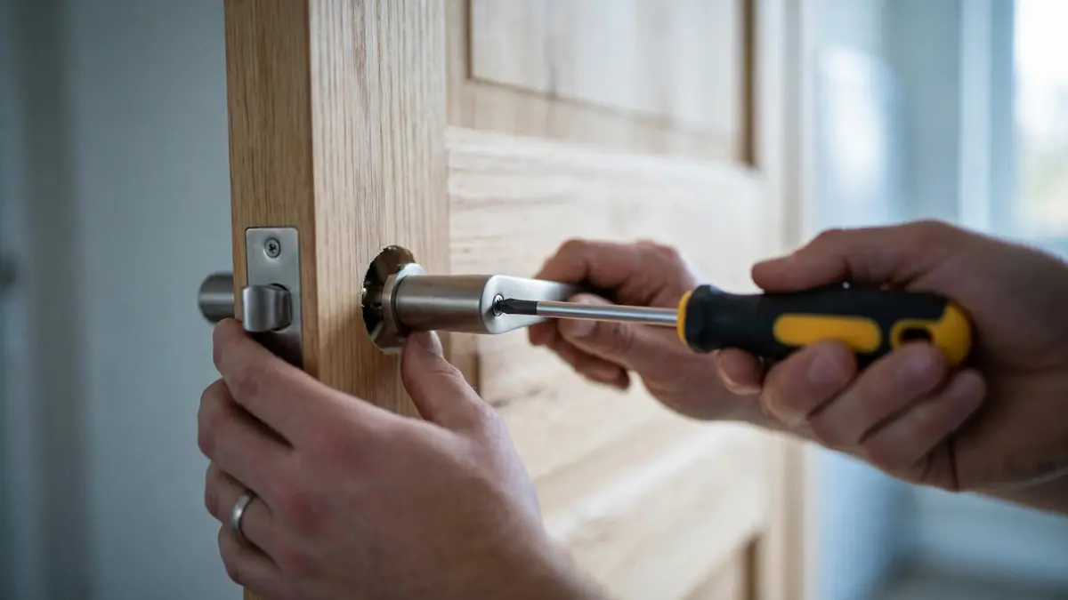 Hands fitting a door handle with a screwdriver
