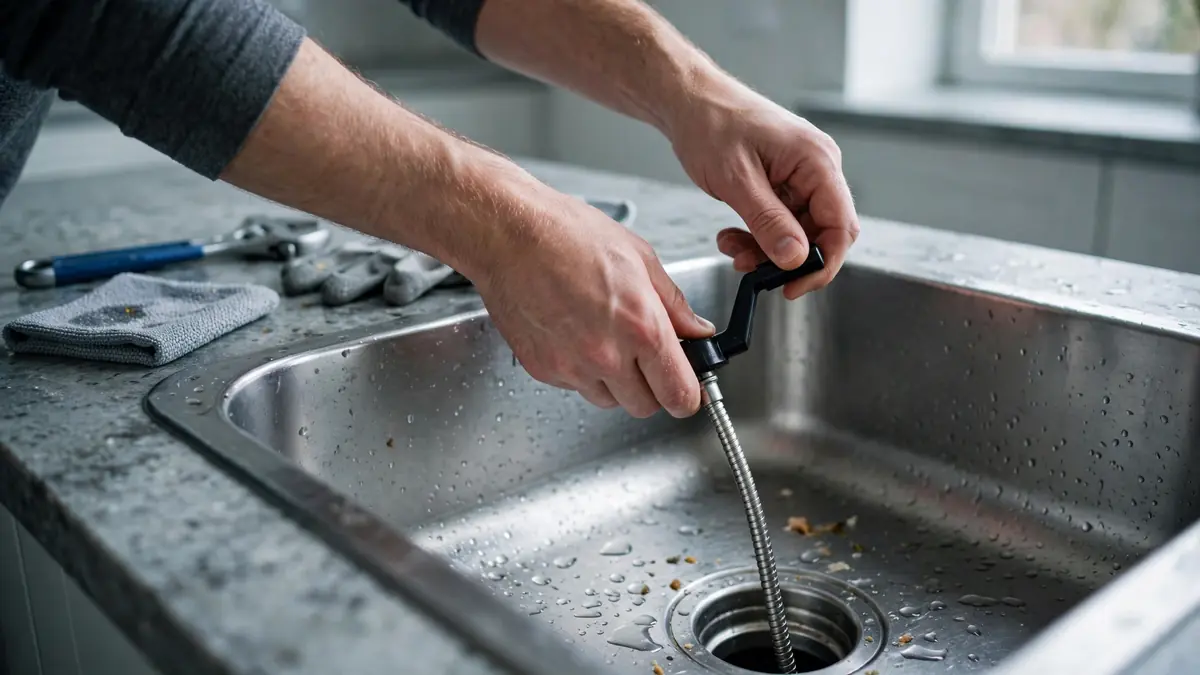 Hands using a drain snake in a kitchen sink