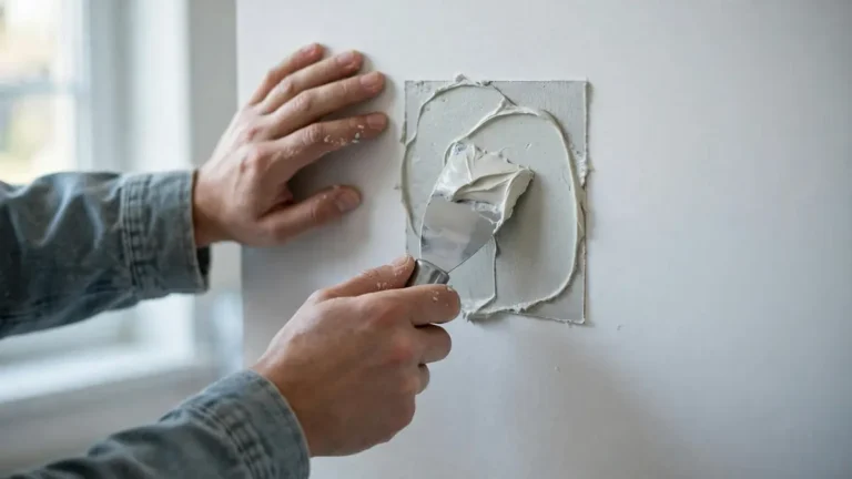 Hands applying joint compound to a drywall patch