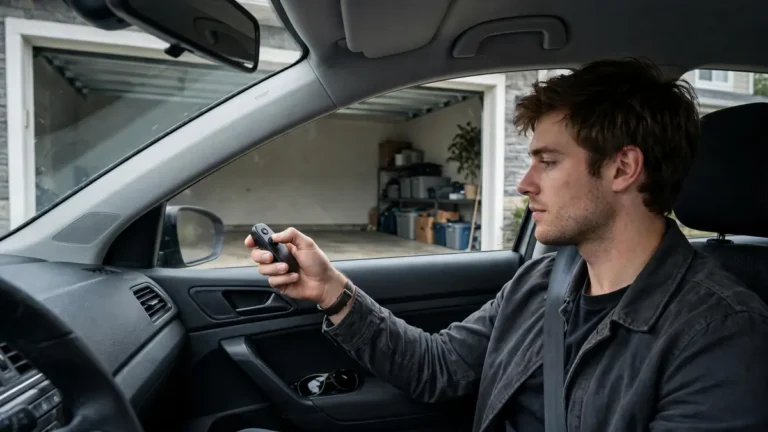 Driver pressing a garage door opener remote in a car