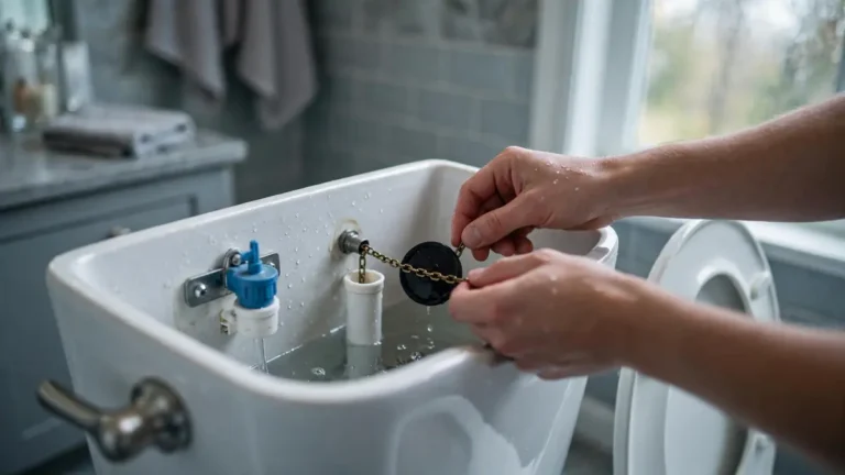 Hands holding a toilet flapper and chain in an open tank